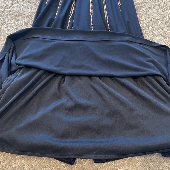 Xscape Beaded Evening Gown, Dark Navy Blue, Deep V, Sheath, Thin Straps, Size 2 - Picture 13 of 16